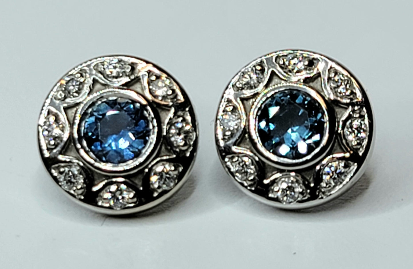 14k white gold Montana sapphire and diamond stud earrings