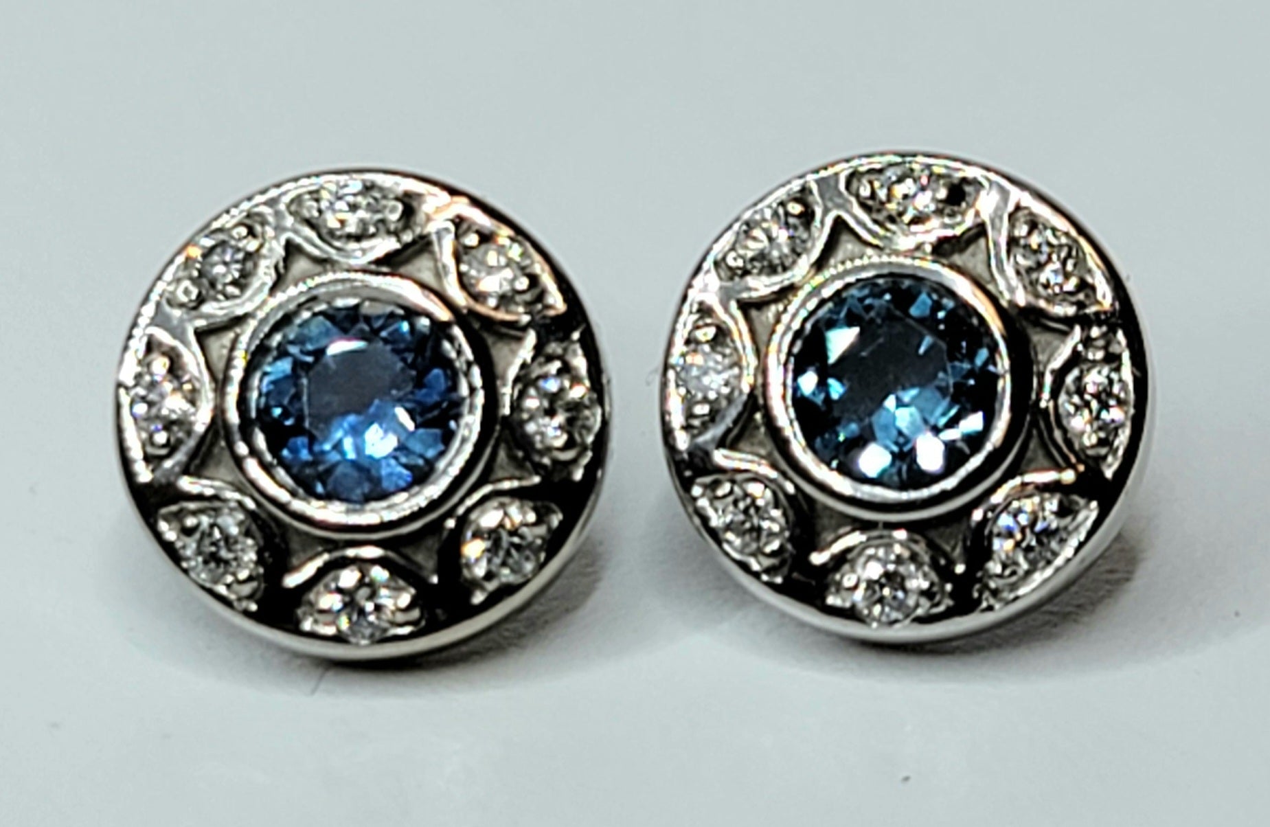 14k white gold Montana sapphire and diamond stud earrings