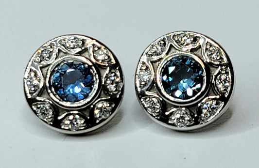 14k white gold Montana sapphire and diamond stud earrings