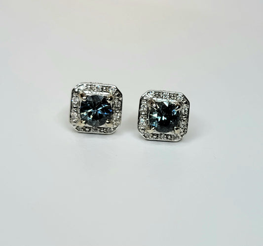 14k white gold  square stud earrings with Montana sapphires and diamonds