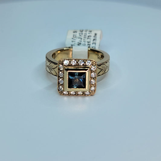 14k yellow gold Montana Sapphire and diamond ring
