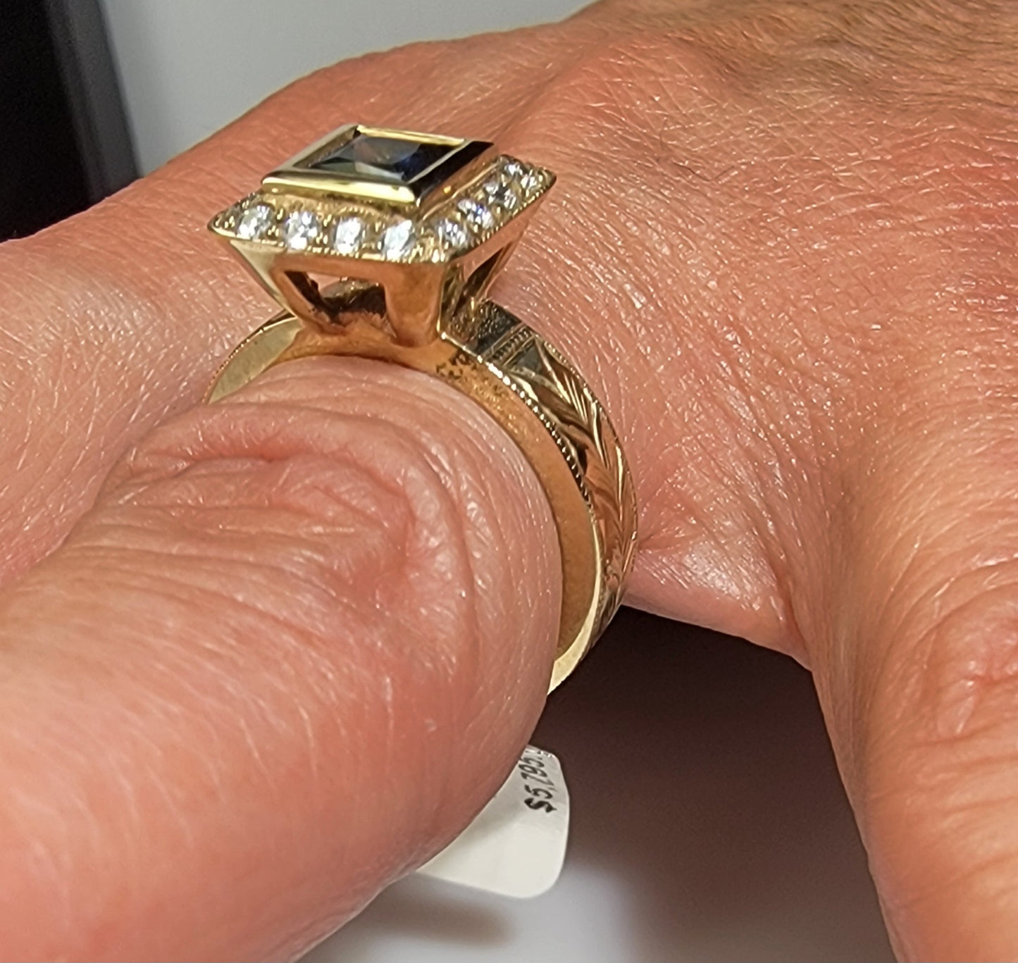 14k yellow gold Montana Sapphire and diamond ring