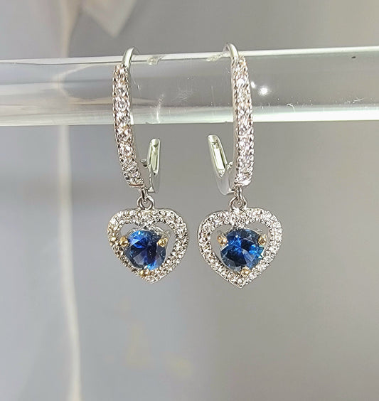 18k white gold diamond and Montana sapphire dangle heart earrings