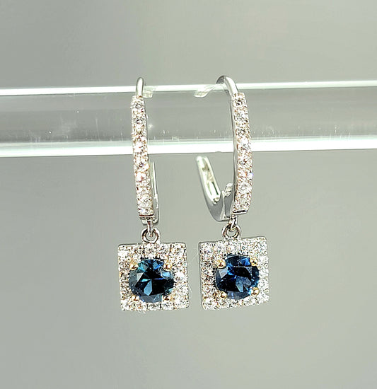 18k white gold diamond and Montana sapphire dangle earrings