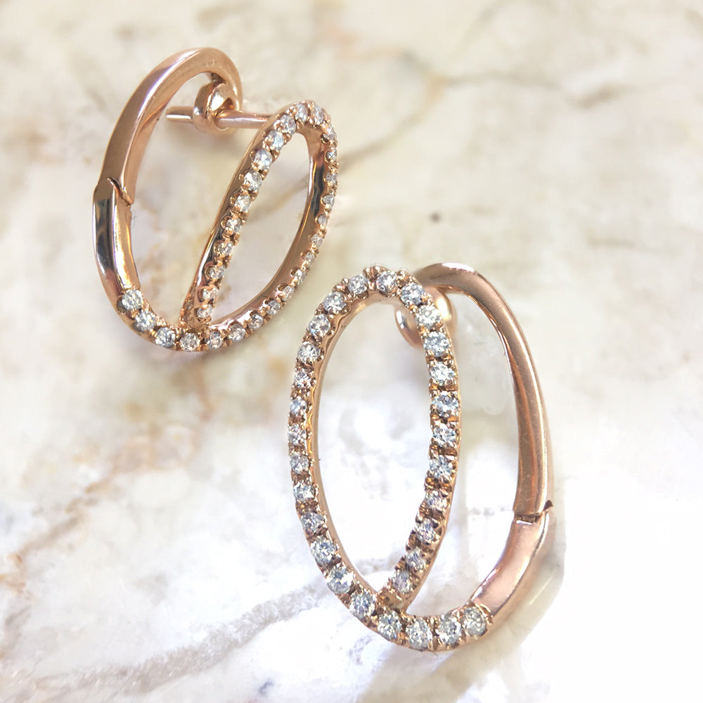 18k rose gold diamond small by pass hoop earrings. SOLD