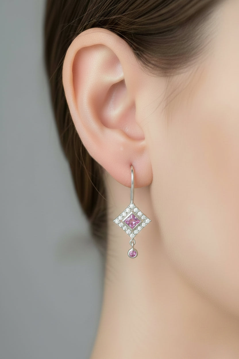 14k white gold diamond and pink Montana sapphire earrings