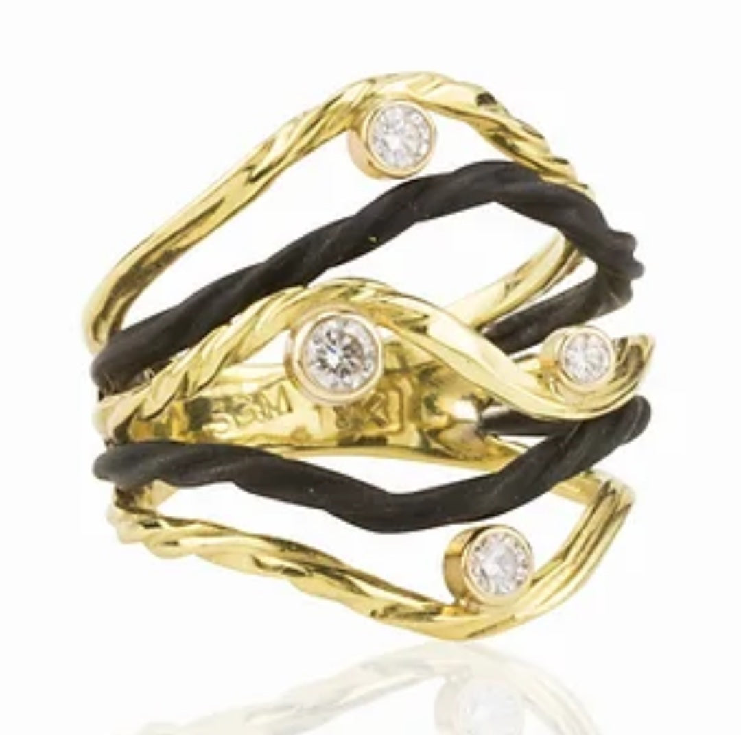 18k yellow gold and oxidized cobalt chrome Sarah Graham Clover ring with diamonds