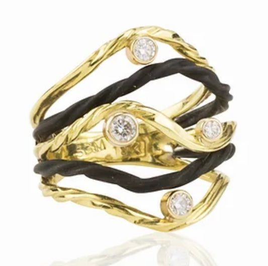 18k yellow gold and oxidized cobalt chrome Sarah Graham Clover ring with diamonds