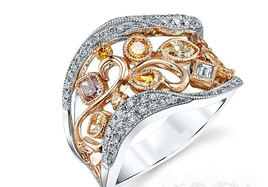 18k white and yellow gold ring with natural white and colored diamonds