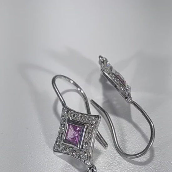 14k white gold diamond and pink Montana sapphire earrings
