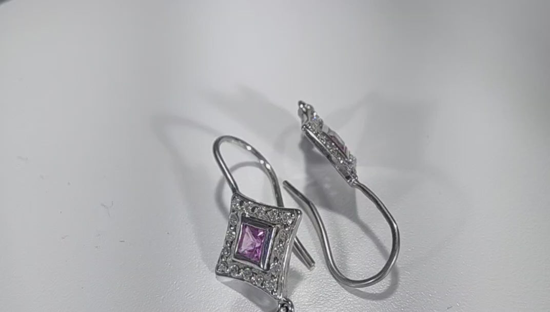 14k white gold diamond and pink Montana sapphire earrings