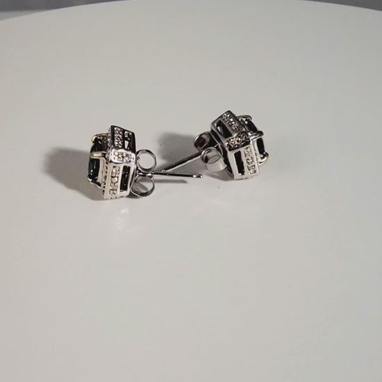 14k white gold square stud earrings with Montana sapphires and diamonds