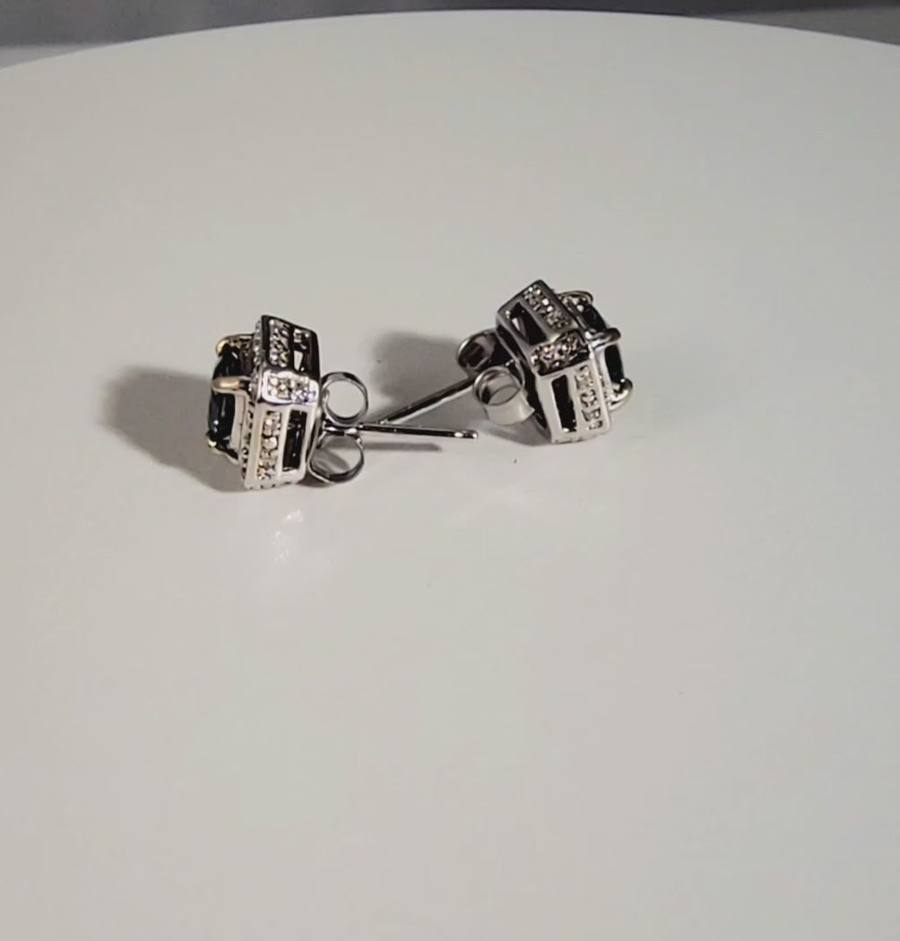 14k white gold square stud earrings with Montana sapphires and diamonds