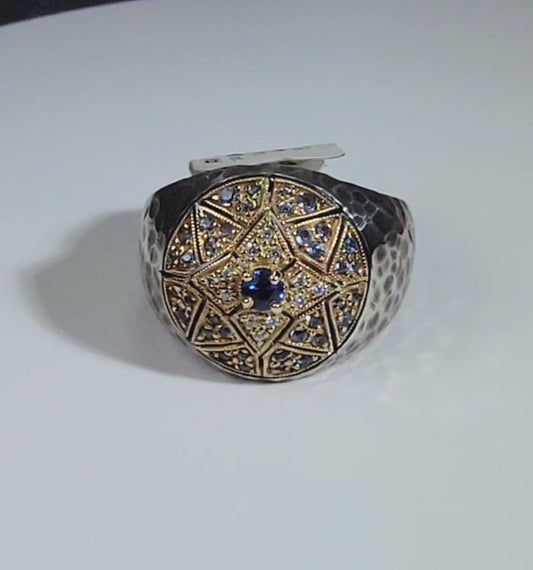 14k yellow gold and sterling silver Montana sapphire and diamond ring