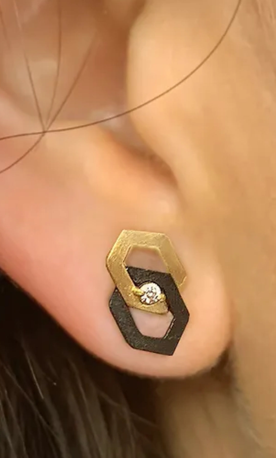 18k yellow gold oxidized cobalt chrome  Sarah Graham diamond Hex stud earrings